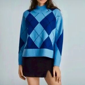 Everlane Blue Argyle Turtleneck Sweater